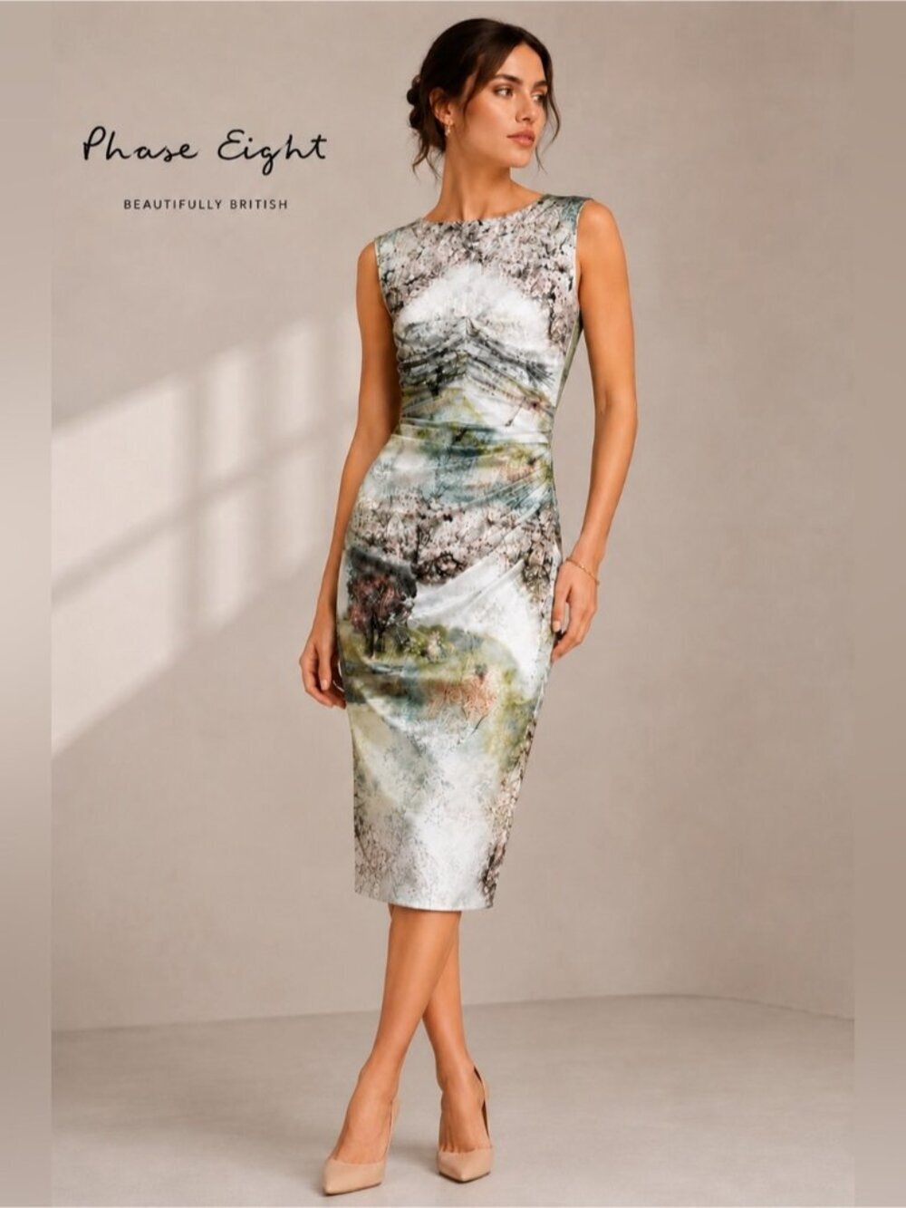Phase Eight Ruched Scenic Print Midi Dress | Approx. XS | Sleeveless